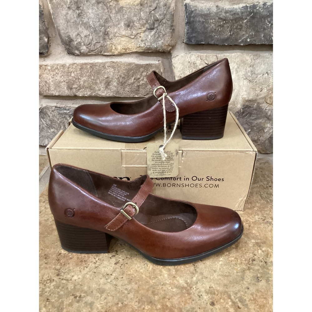 Born Kiki Brown Leather Mary Jane Block Heel Pumps Womens Size 8 New